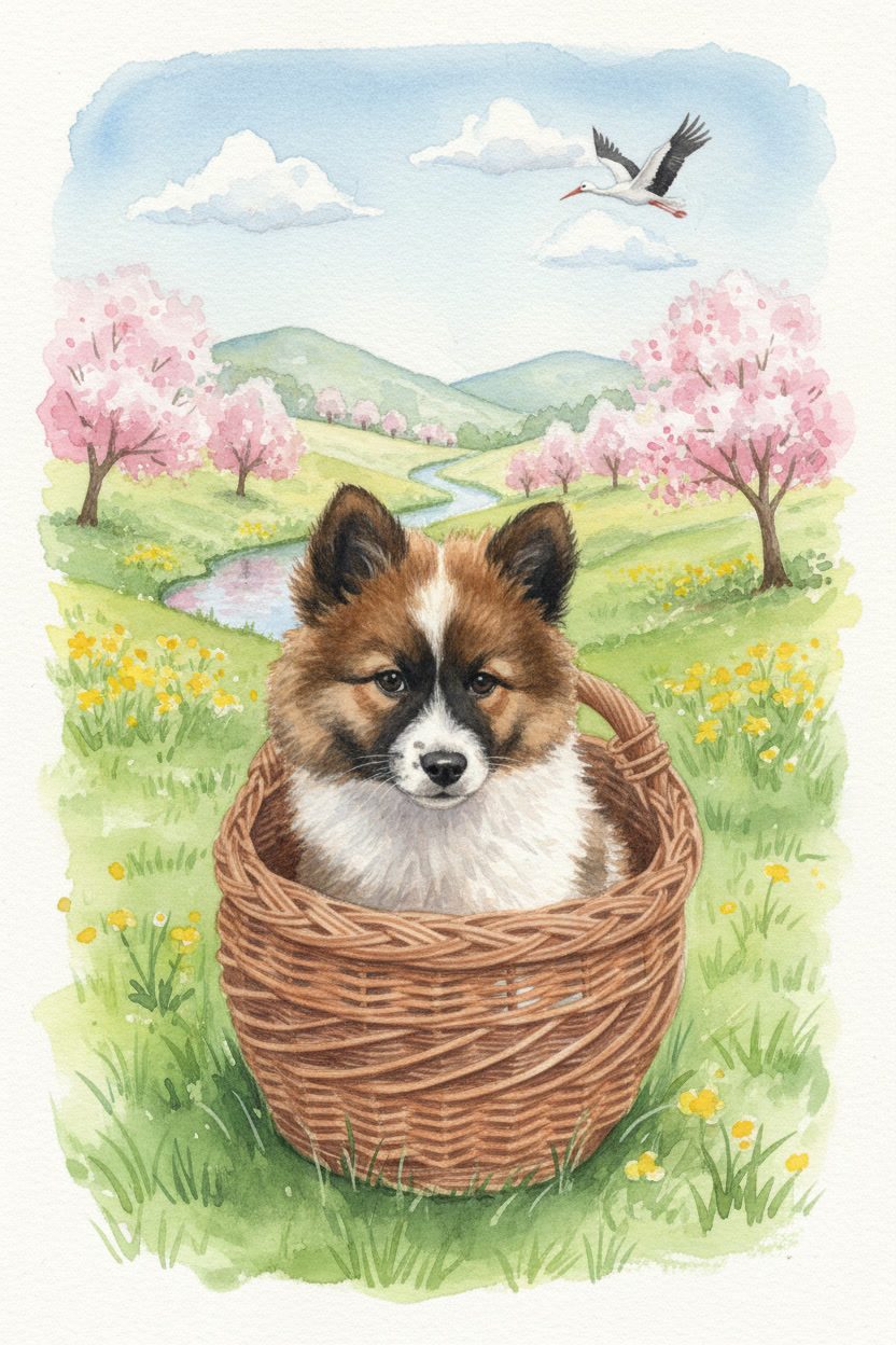 gemini 2.5 flash image elo pup in basket with background of a nature setting in spring in far distance 0
